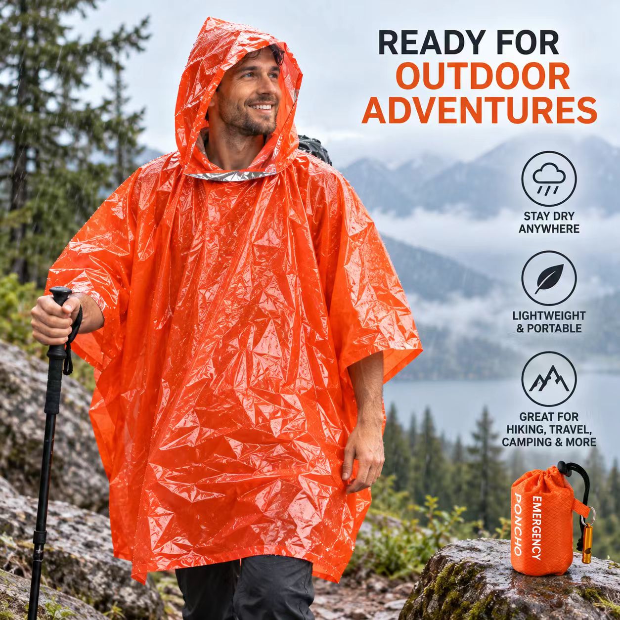 Outdoor Camping Gear - 1Pc Lightweight Waterproof Raincoat, Portable Emergency